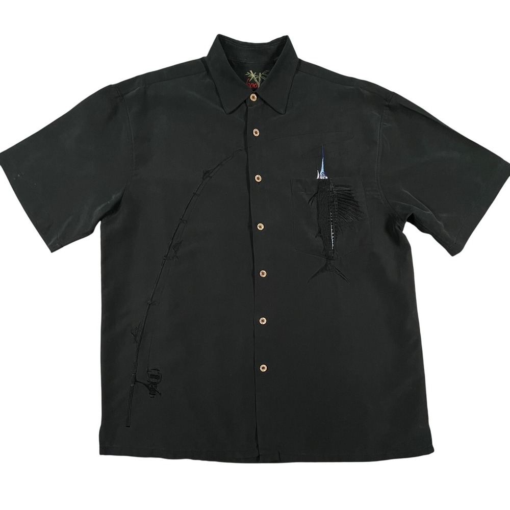 Bamboo Cay Shirt Mens L Black Fishing Marlin Embroidered Front & Back Camp